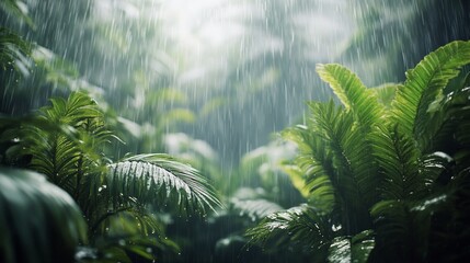 Obraz premium Lush rainforest bathed in sunlight during a gentle rain shower in the early morning