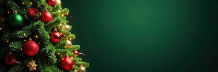 Obraz premium Evergreen tree decorated with red and green pine garland, christmas decorations, green ornaments, red ornaments