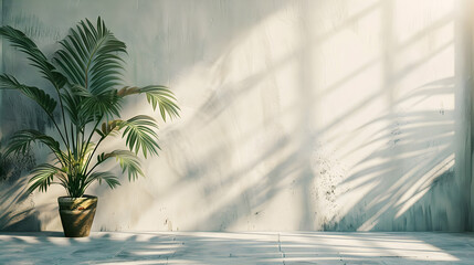 Lush green palm plant in a sunlit room with textured walls and soft shadows creating ambiance