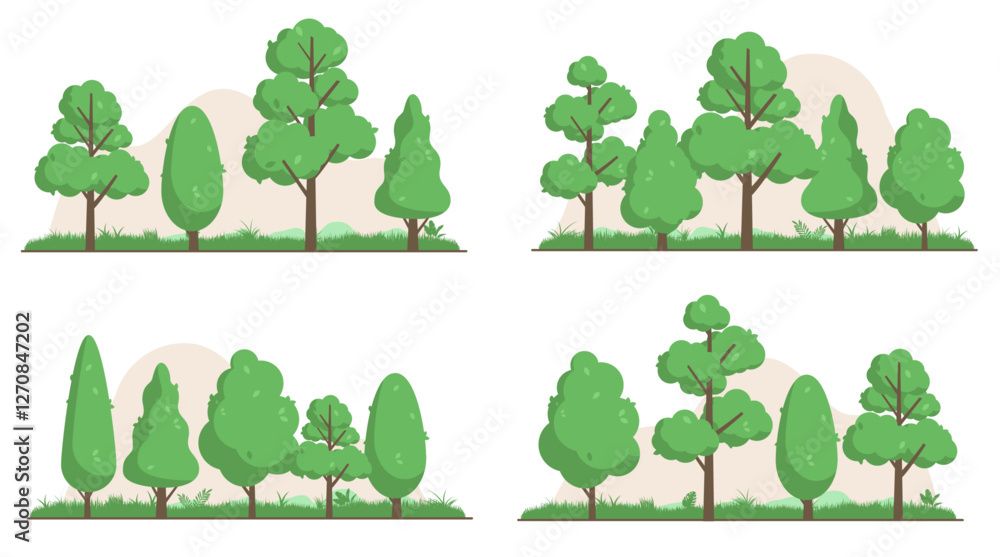 Poster vector trees and forest background - simple graphic with flat design style line of various trees and
