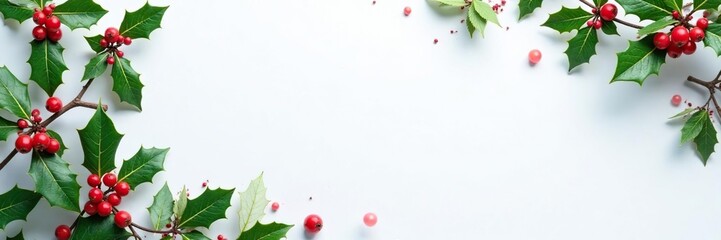 White Christmas background with scattered holly leaves and berries, holly leaves, winter wonderland, holly berries