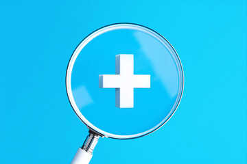 Fototapeta premium Magnifying glass focusing on white cross symbol on blue background.