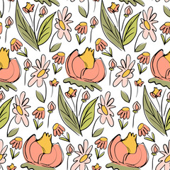 Hand-Drawn Floral Pattern with Delicate Flowers and Green Leaves in a Seamless Botanical Design on White Background