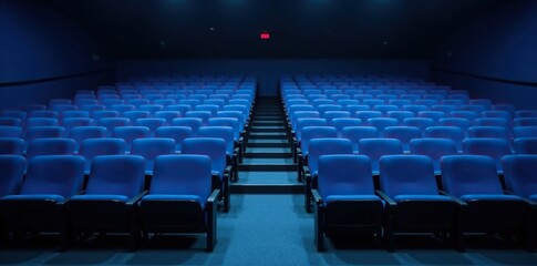 Fototapeta premium Empty blue seats scattered throughout the auditorium, silence, emptiness, dark corners