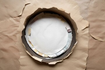 Round hole on paper with torn edges, banner with copy space, breakthrough message concept, Abstract texture background. Layers of watercolor painted paper. Torn edges, ripped arty paper background