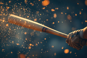 Fototapeta premium Powerful hit. Poster with baseball player with baseball bat in action during match in crowed sport stadium at evening time. Sport, win, winner, competition concepts. Collage, flyer for ad, text 