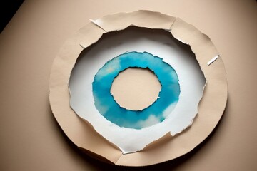 Round hole on paper with torn edges, banner with copy space, breakthrough message concept, Abstract texture background. Layers of watercolor painted paper. Torn edges, ripped arty paper background