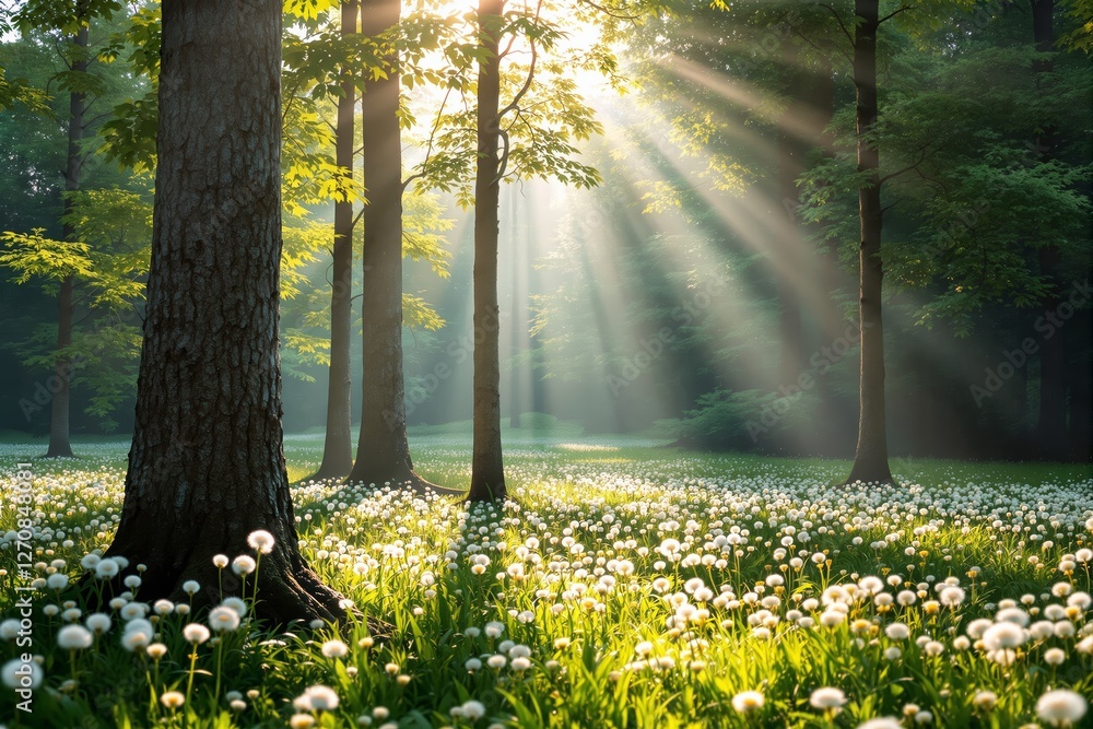 Poster sunlight streaming through a dense forest with lush green grass and blooming dandelions on the groun