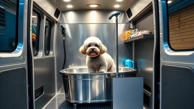 Mobile pet grooming service showcases efficient bath for small dog in modern van setup