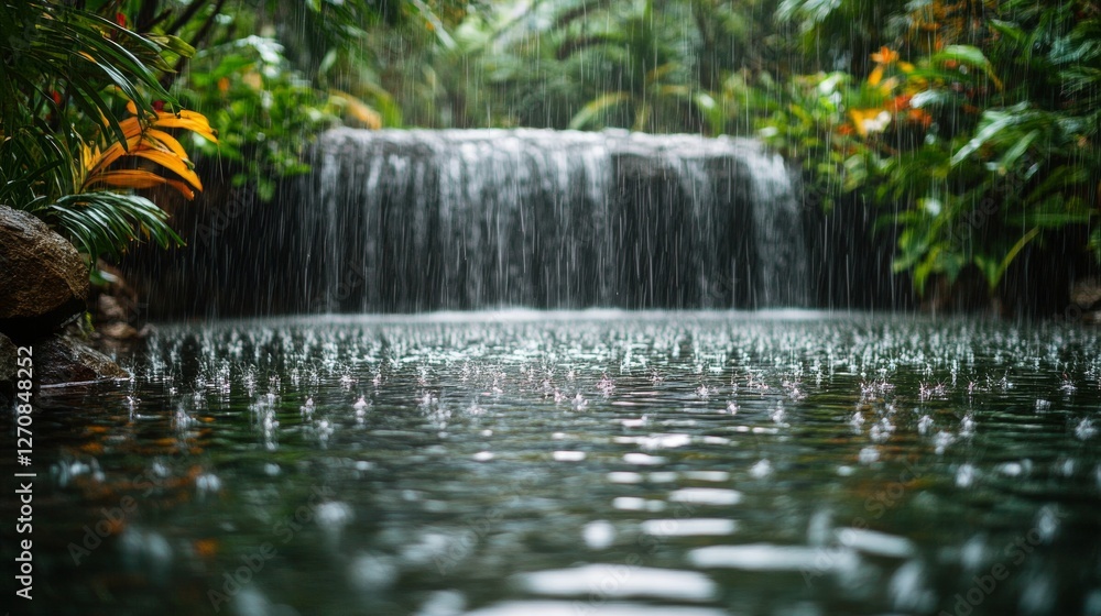 Poster serene waterfall cascading into a tranquil pool surrounded by lush greenery in a tropical setting