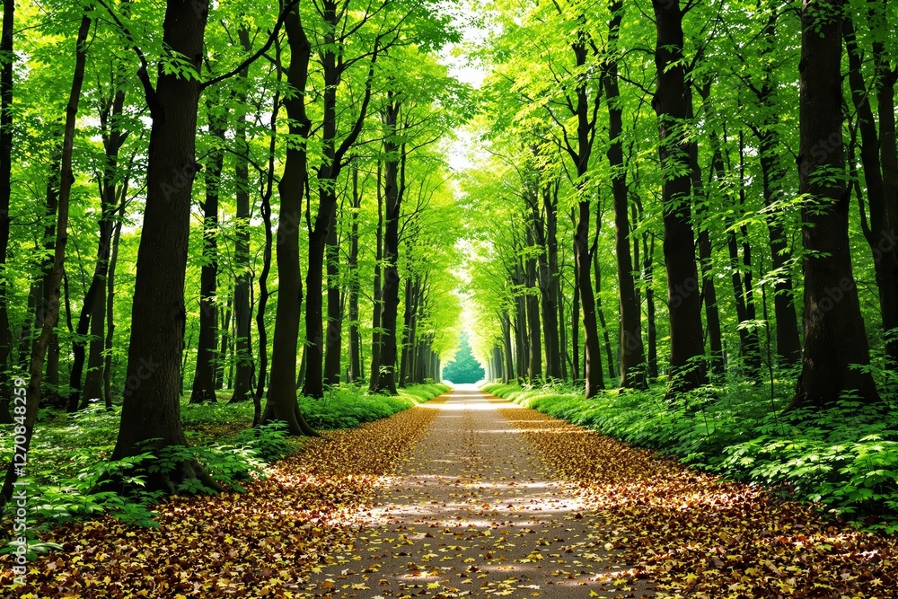 Aufkleber pathway in a lush green forest with sunlight streaming through trees.