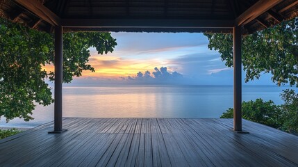 Relaxing ocean view with seating area and clear blue sky at a serene coastal location