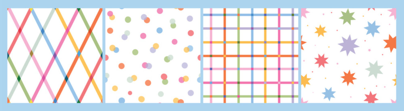 Nursery abstract seamless patterns collection with checkered stripes, dots, stars. Good for birthday prints, wallpaper, decor, planners, stationery, wrapping paper, textile prints, etc. EPS 10