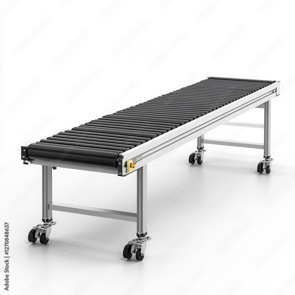 Poster industrial conveyor table on casters for efficient material handling and logistics operations