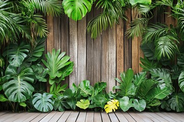 Tropical plants frame rustic wood backdrop