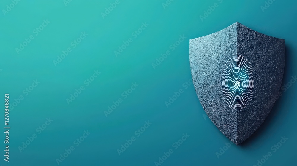 Poster law restriction policy concept. digital shield icon on a turquoise background symbolizing security.