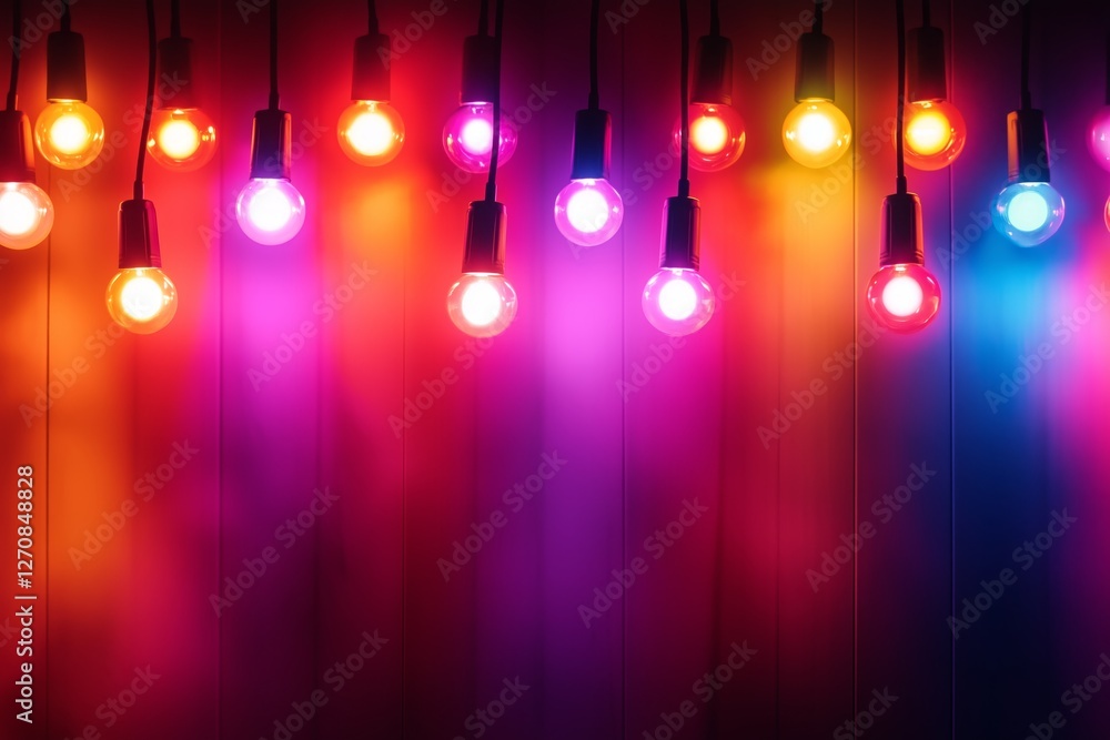Poster multicolored bulb-shaped string lights glowing against a stage backdrop