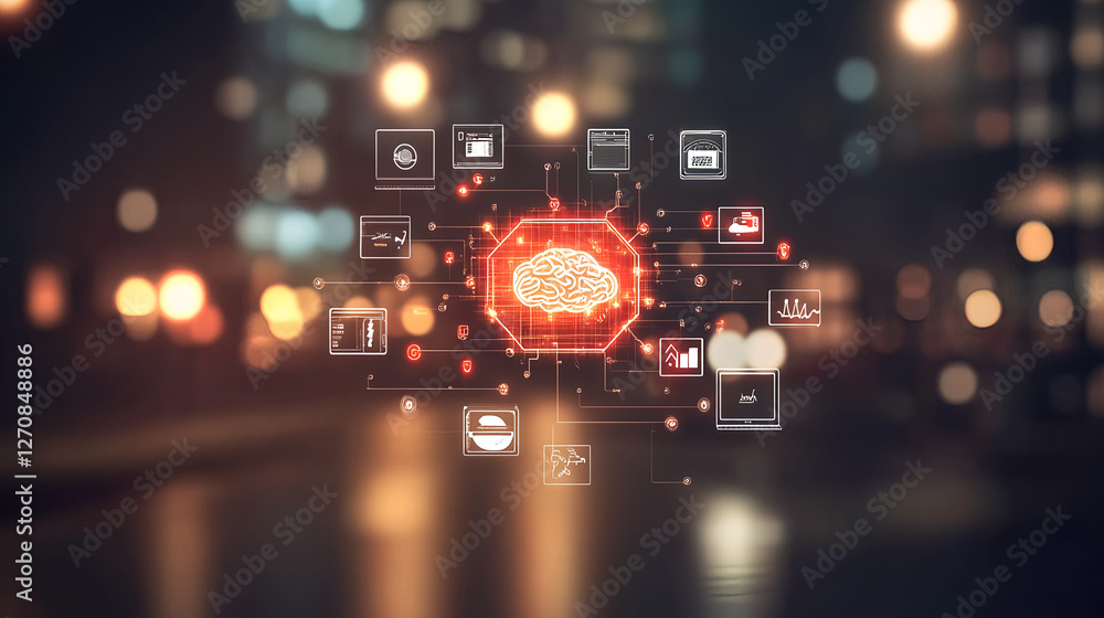 Poster exploring neural networks and artificial intelligence innovations urban environment digital artwork 