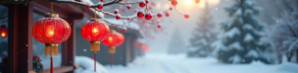 Hanging red and gold lanterns in a frosty winter landscape, natural decorations, magical ambiance, red and gold balls