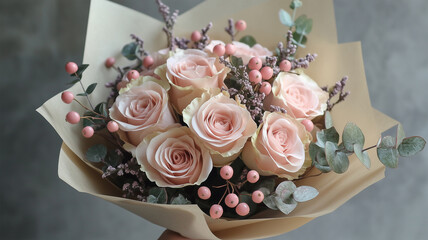 上品なピンクのバラの花束