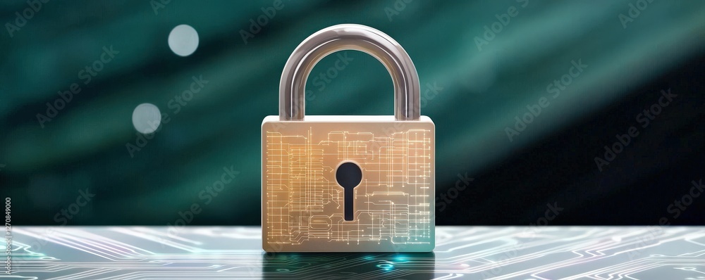 Poster law restriction policy concept. digital padlock on a circuit board background representing cybersecu