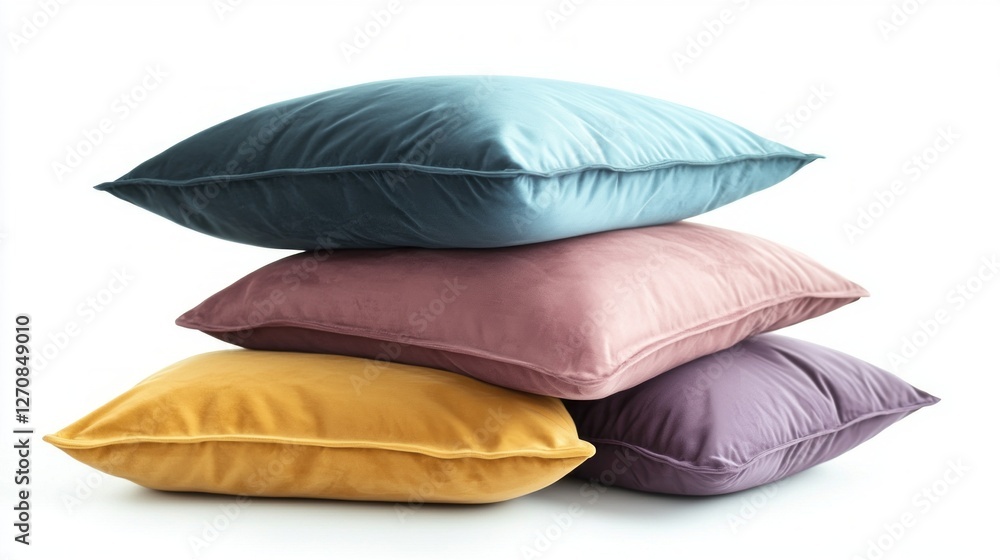 Poster Four stylish, plush pillows in various colors create a harmonious display on a pure white background, inviting comfort and warmth to home interiors