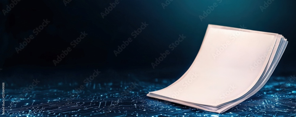 Poster law restriction policy concept. blank notepad on a shimmering surface with a blue background.