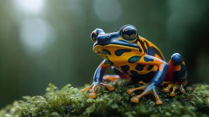 Fototapeta premium Brightly colored frog perched on moss in a vibrant rainforest setting during the day