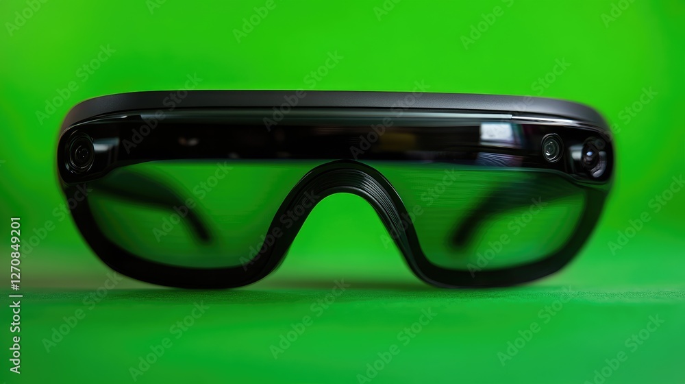 Poster ai-powered smart glasses with augmented reality display, placed on a green backdrop, symbolizing fut
