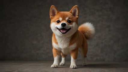 A cartoon-style Shiba Inu with exaggerated cute features, wagging its tail.