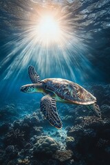 Fototapeta premium Diver swimming alongside a giant sea turtle near a coral reef, with sunlight streaming through the clear blue water