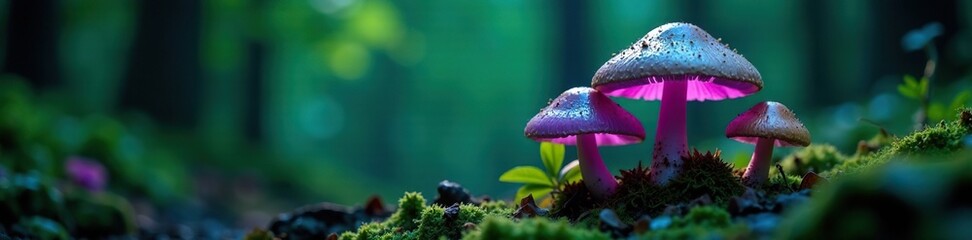 Green and purple glowing mushrooms in a dark forest, green, mushroom