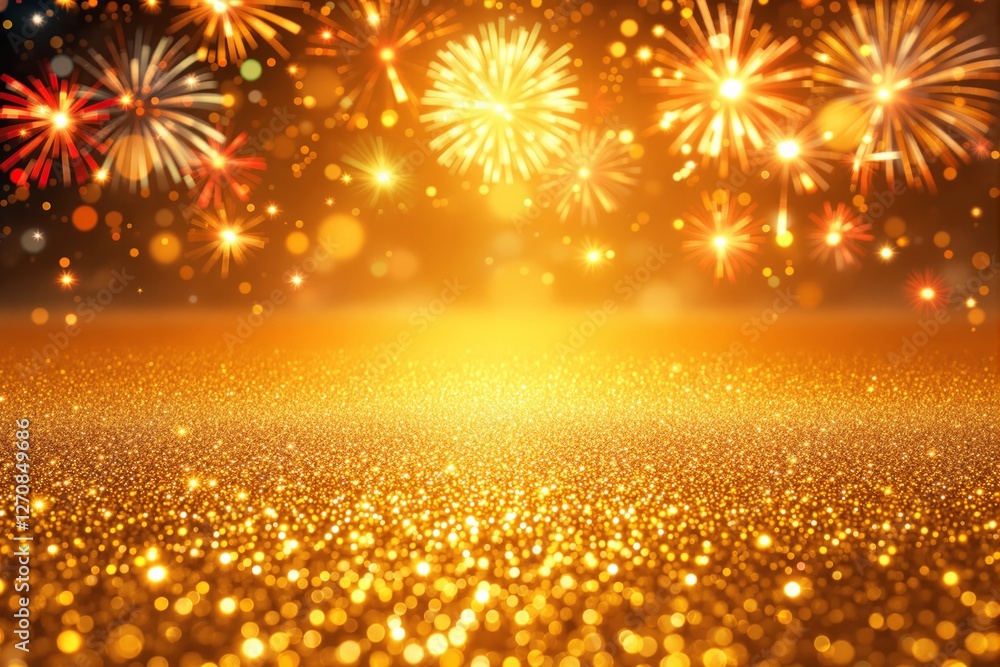 Poster golden glitter background with fireworks display.