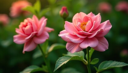 Fototapeta premium Pink flower with leaves in a garden isolation, petals, garden, foliage