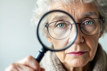 Elderly woman magnifying her eye with a magnifying glass.