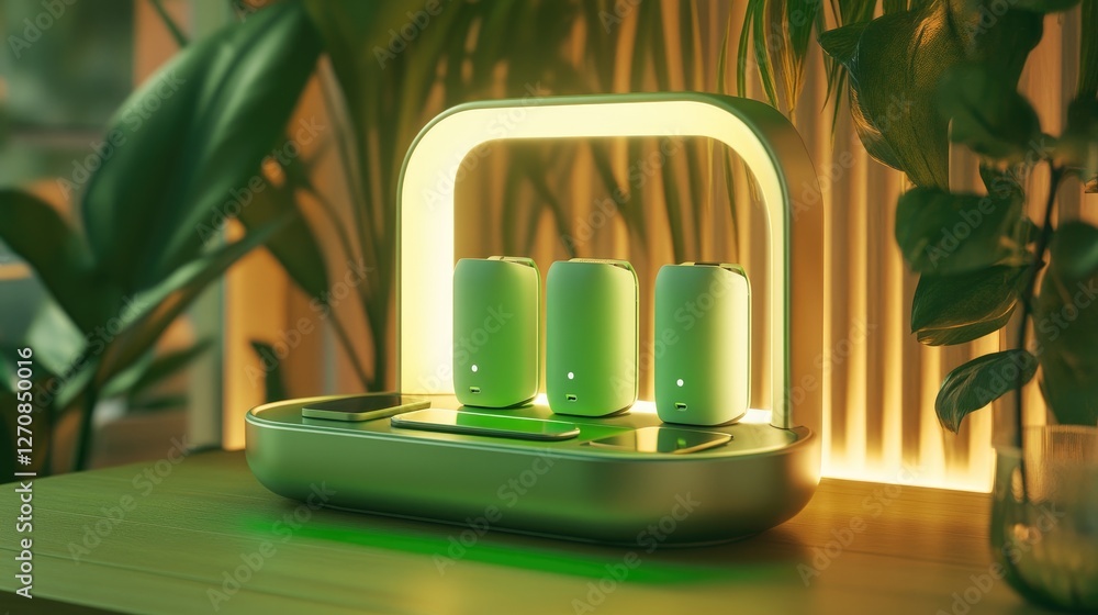 Poster compact desktop fast charger with multiple power outputs, displayed on a green background, symbolizi