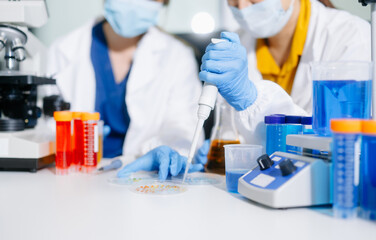 Fototapeta premium Young scientists conducting research investigations in a medical laboratory, a researcher in the foreground