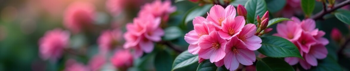 Gray-green leaves and clusters of pink flowers on a flowering shrub, garden decoration, pink