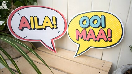 Two speech bubble props are displayed, each featuring a different exclamatory phrase.