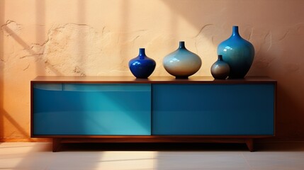 empty blue sideboard , interior design , empty white wall  HD 8K wallpaper Photographic Image