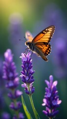 Hawk moth hovering above purple lavender flowers, insect life,