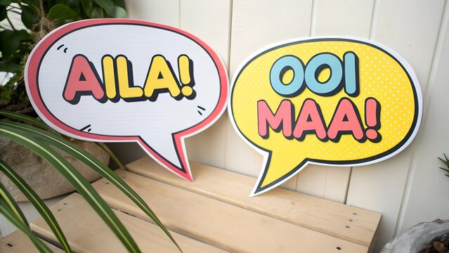 Two speech bubble props are displayed, each featuring a different exclamatory phrase.