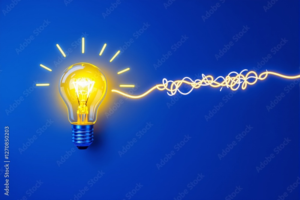 Poster glowing light bulb with abstract energy lines on blue background.