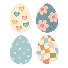 Retro Groovy Easter eggs clipart set. Happy Easter clipart in cartoon flat style. Hand draw vector illustration