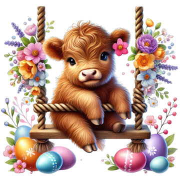 Cute calf swinging among colorful flowers and Easter eggs, white isolate background.