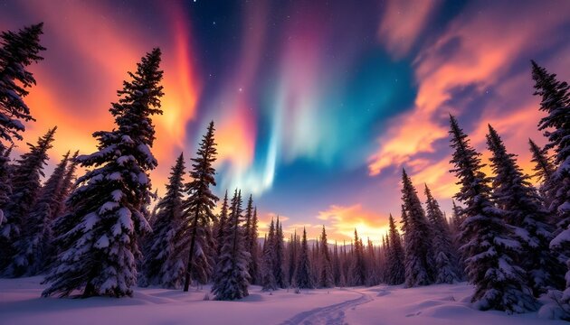 Solar particles and cosmic choreography creating a celestial marvel in the night sky sith stars, dazzling aurora light display between the view of dense forest, generated with ai