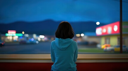 Girl in Blue Hoodie at American Diner Window, Gazing Out at Empty Street. Late Evening Warm Glow, Mountains Visible on Horizon, Documentary Style.