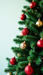 Fototapeta premium evergreen tree decorated with colorful ornaments, wreaths, decorations, Christmas trees