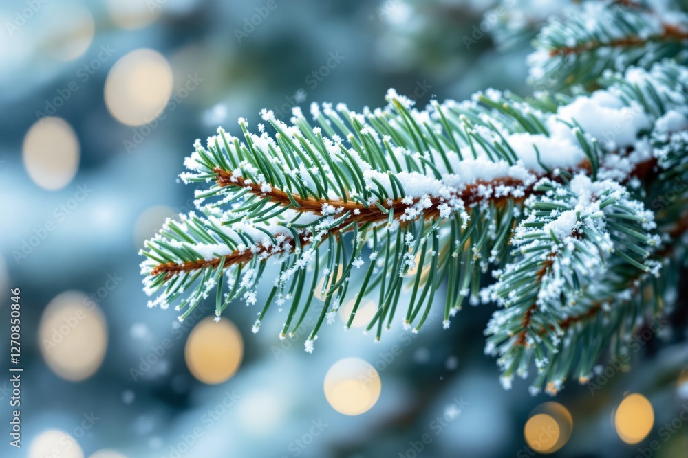 Poster close-up of snowy pine branch with blurred festive lights in background.