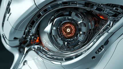 Close-up photo of a highly detailed cybernetic eye, constructed from intricate metallic components and advanced circuitry. The synthetic eye features a glowing, concentric iris 
